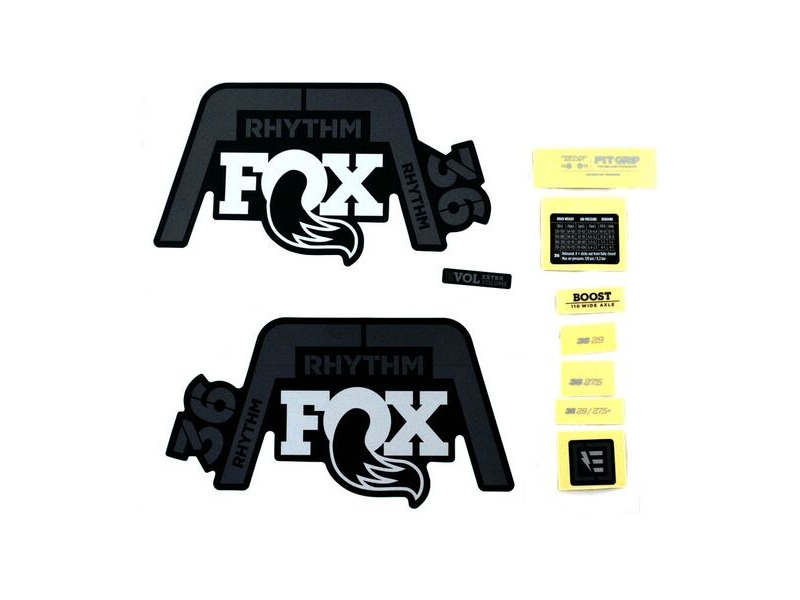 Fox Fork 36 Rhythm Decal Kit Gray Logo / Matte Black 2020 click to zoom image